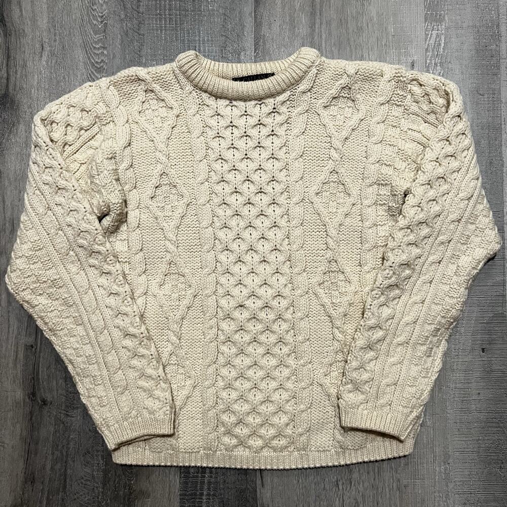 Vintage Callan Aran Fisherman Sweater Merino Wool Cable Knit Ireland Womens M